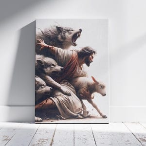 Jesus Protecting the Lamb Canvas, Jesus Saving the Lamb from Wolves Poster, Jesus Painting Wall Art, Christian Gift, Ready to Hang