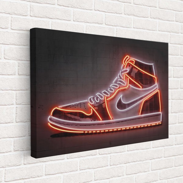 Nike Air Jordan 1 Canvas Wall Art, Red Light Neon Sneaker Poster, Printable Modern Art, Office Decor And Home Decor, Ready to hang