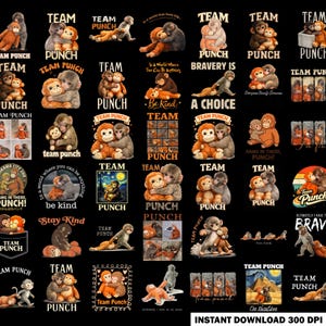 Puede incluir: Una colección de arte digital con ilustraciones de monos. Cada diseño incluye el texto "Team Punch" y otras frases como "Be Kind" y "Bravery Is". Las imágenes están sobre un fondo negro.