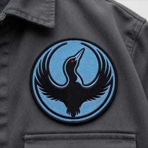 May include: A round embroidered patch featuring a black bird with outstretched wings, set against a light blue circle. The bird has a red eye. The patch is sewn onto a gray shirt.
