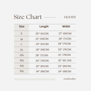 May include: Size chart for a hoodie with measurements in inches and centimeters. The chart shows sizes S through 5XL with corresponding length and width measurements.