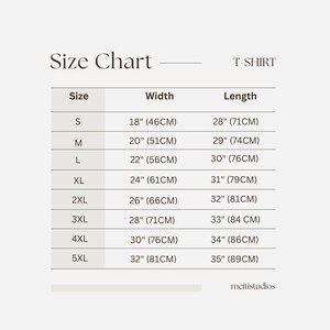 Pu&ograve; includere: Tabella delle taglie per una T-shirt con misure in pollici e centimetri. La tabella mostra la larghezza e la lunghezza della maglietta nelle taglie S, M, L, XL, 2XL, 3XL, 4XL e 5XL.