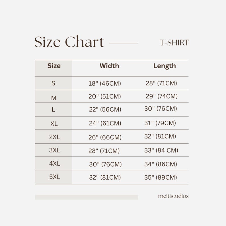 Pu&ograve; includere: Tabella delle taglie per una T-shirt con misure in pollici e centimetri. La tabella mostra la larghezza e la lunghezza della maglietta nelle taglie S, M, L, XL, 2XL, 3XL, 4XL e 5XL.