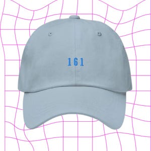 May include: A light blue baseball cap with the number "161" embroidered in blue on the front.