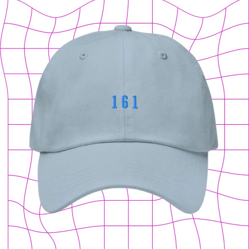 May include: A light blue baseball cap with the number "161" embroidered in blue on the front.