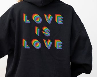 Felpa con cappuccio Love Is Love | Maglione con dichiarazione LGBTQ+ | Maglione Rainbow Pride, regalo inclusivo di genere, moda queer, outfit da festival oversize