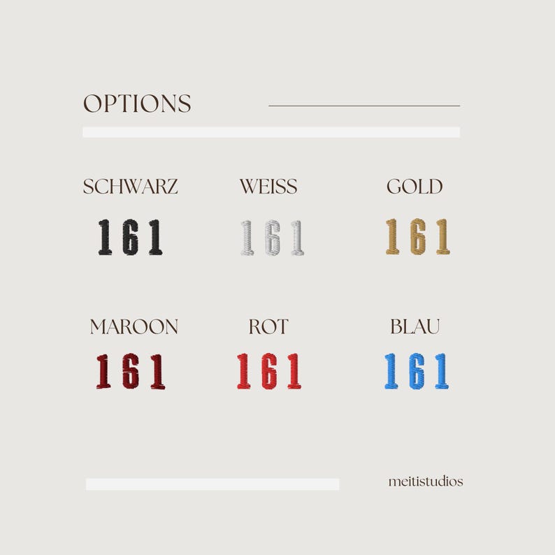May include: A chart with the word "OPTIONS" at the top.  The chart shows six different color options for a product, with the number "161" in each color. The colors are black, silver, gold, maroon, red, and blue.
