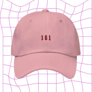 May include: A pink baseball cap with the number "161" embroidered in red on the front.