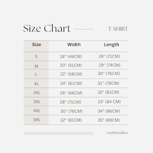 May include: A size chart for a T-shirt, with measurements in inches and centimeters. Sizes range from S to 5XL, with corresponding widths from 18" (46CM) to 32" (81CM) and lengths from 28" (71CM) to 35" (89CM). The text "meitistudios" is at the bottom.