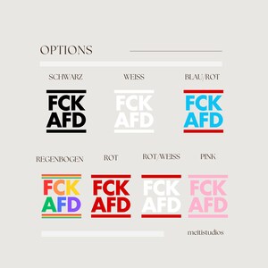 May include: A graphic design showing different color options for a logo with the text "FCK AFD". The colors include black, white, blue, red, rainbow, and pink.