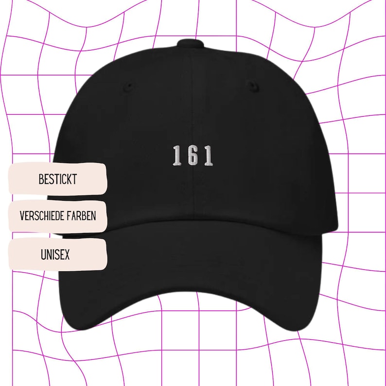 May include: A black baseball cap with the number "161" embroidered in white on the front. The cap is unisex and available in various colors.