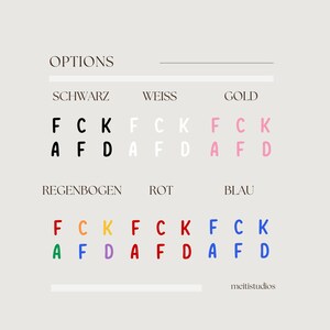May include: A chart with the word "OPTIONS" at the top. The chart shows different color options for a product. The colors are black, white, gold, rainbow, red, and blue. The letters "FCKAFD" are shown in each color.