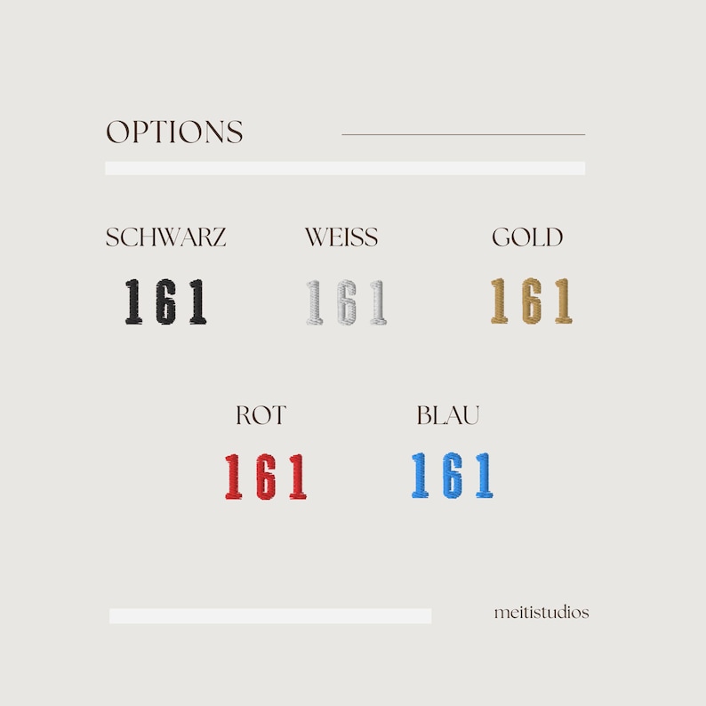 Pu&ograve; includere: Un grafico con la parola "OPTIONS" in alto.  Sotto ci sono cinque campioni di colore con i numeri "161" in ciascuno. I colori sono nero, bianco, oro, rosso e blu.