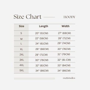 May include: Size chart for a hoodie with measurements in inches and centimeters. The chart shows sizes S through 5XL with corresponding length and width measurements.