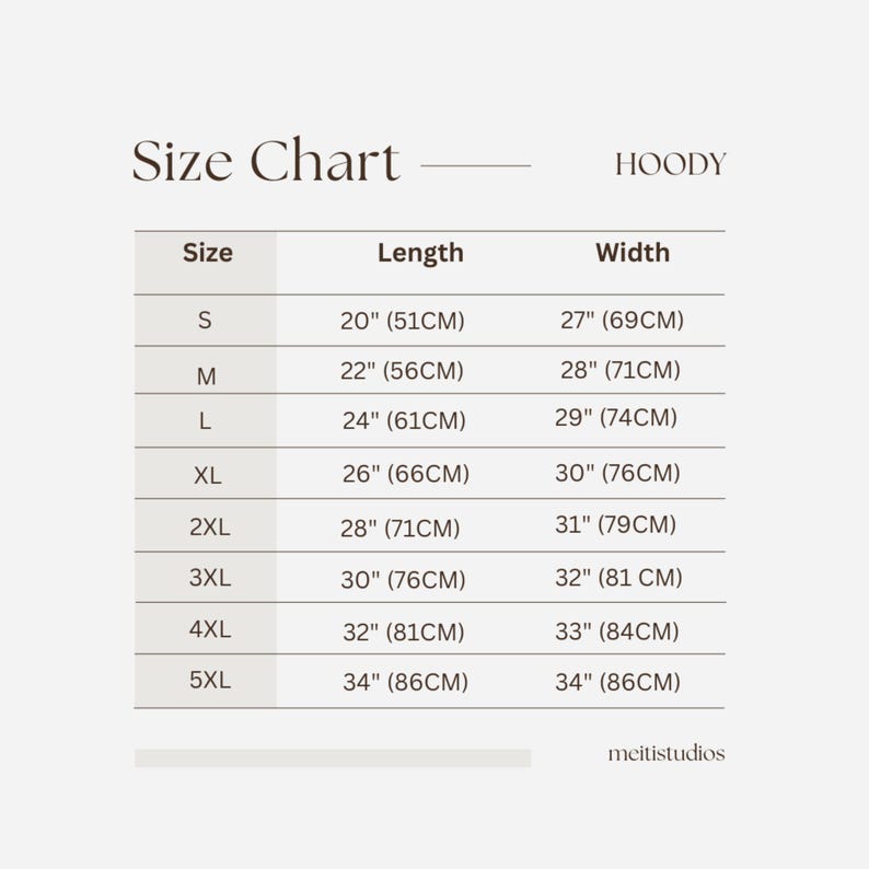 May include: Size chart for a hoodie with measurements in inches and centimeters. The chart shows sizes S through 5XL with corresponding length and width measurements.