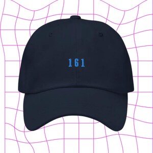 May include: A navy blue baseball cap with a blue embroidered number "161" on the front.