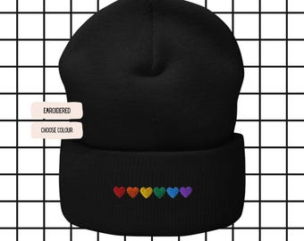Embroidered Rainbow Hearts Beanie | Colorful Pride Heart Hat | Cute Winter Cap | LGBTQ Gift | Unisex Knit Beanie