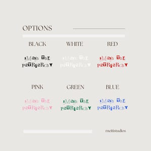 Puede incluir: Una imagen de dise&ntilde;o gr&aacute;fico que muestra el texto "$Mash UhE PARI@RchY" en seis colores diferentes: negro, blanco, rojo, rosa, verde y azul.