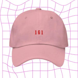 May include: A pink baseball cap with the number 161 embroidered in red on the front.