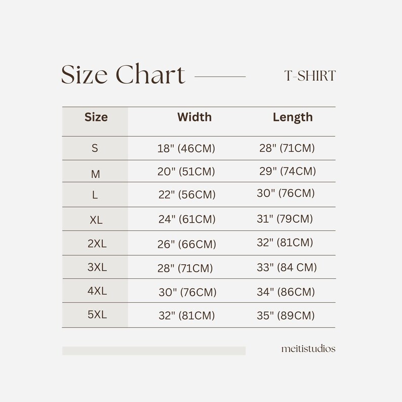 K&ouml;nnte beinhalten: Eine Gr&ouml;&szlig;entabelle f&uuml;r T-Shirts mit Gr&ouml;&szlig;en von S bis 5XL. Die Breiten reichen von 46 cm bis 81 cm, die L&auml;ngen von 71 cm bis 89 cm. Die Tabelle zeigt sowohl Zoll als auch Zentimeter. Der Hintergrund ist cremefarben.