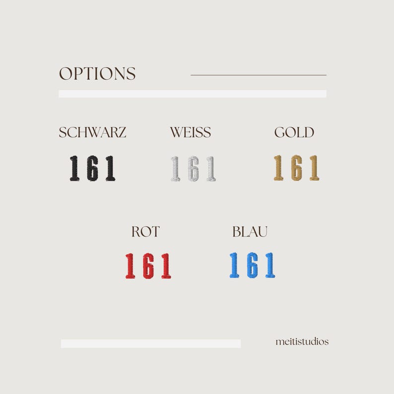 May include: A chart with the word "OPTIONS" at the top.  Below are five color swatches with the numbers "161" in each. The colors are black, white, gold, red, and blue.