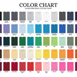 May include: Color chart showing 50 different colors of Gildan 5000 Heavy Cotton T-shirts. The chart shows the color name for each color.