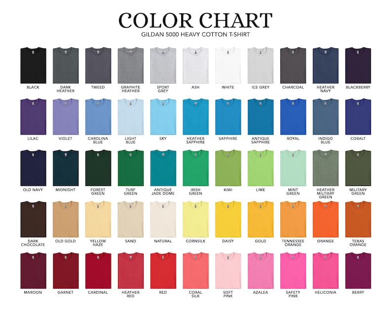 May include: Color chart showing 50 different colors of Gildan 5000 Heavy Cotton T-shirts. The chart shows the color name for each color.