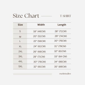 May include: T-shirt size chart with measurements in inches and centimeters. The chart shows sizes S through 5XL with corresponding width and length measurements.