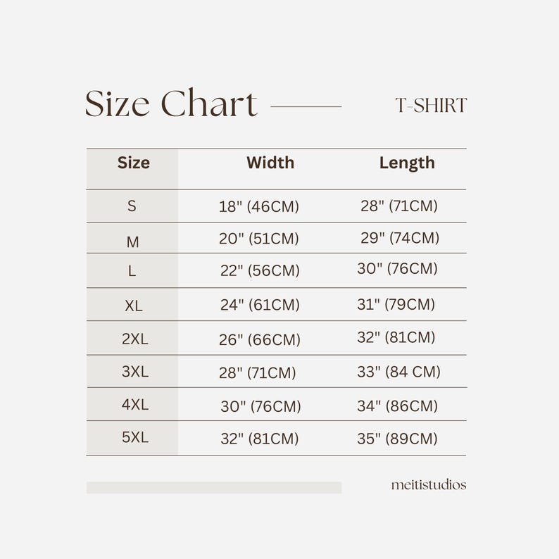 May include: T-shirt size chart with measurements in inches and centimeters. The chart shows sizes S through 5XL with corresponding width and length measurements.