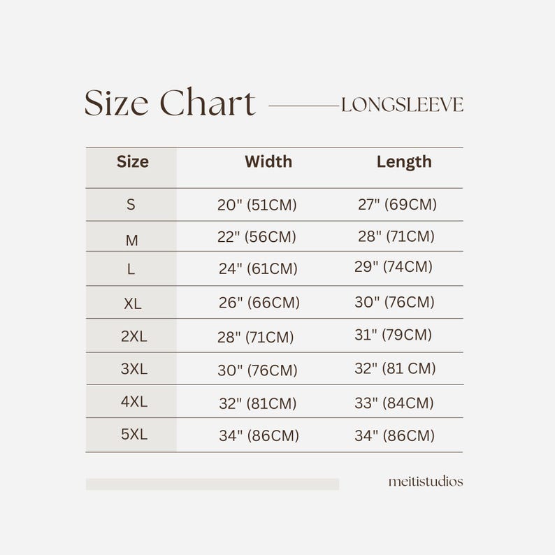 May include: Size chart for long-sleeve shirts with measurements in inches and centimeters. The chart shows sizes S through 5XL with corresponding width and length measurements.