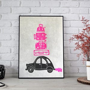 Bon Voyage (in 2CV!) - Linoleografia Inchiostro nero e giallo fluorescente - Formato A4 - Serie stampata in 10 copie