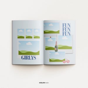Op de afbeelding: Een open magazine met een blauwe achtergrond en een collage van foto's van groene heuvels en blauwe luchten. De tekst "FUN FUN FUN" staat in de rechterbovenhoek en de tekst "GIRLY" staat in de linkerbenedenhoek.
