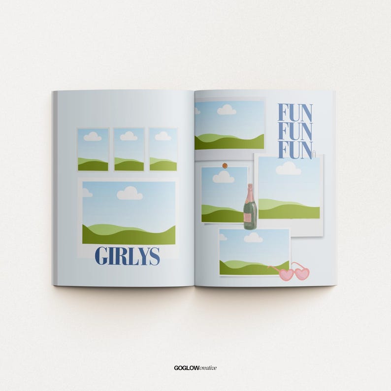 Op de afbeelding: Een open magazine met een blauwe achtergrond en een collage van foto's van groene heuvels en blauwe luchten. De tekst "FUN FUN FUN" staat in de rechterbovenhoek en de tekst "GIRLY" staat in de linkerbenedenhoek.