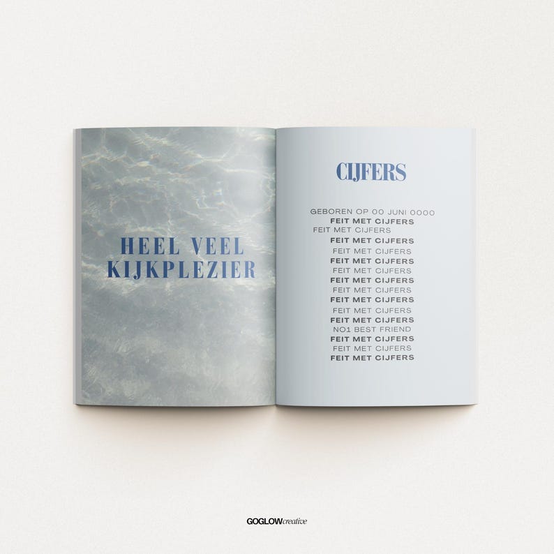Op de afbeelding: Een boek met een blauwe en witte omslag. De omslag heeft de tekst "CIJFERS" en "HEEL VEEL KIJKPLEZIER". De tekst op de rechterpagina luidt "GEBOREN OP 00 JUNI 0000" en "FEIT MET CIJFERS" wordt meerdere keren herhaald.