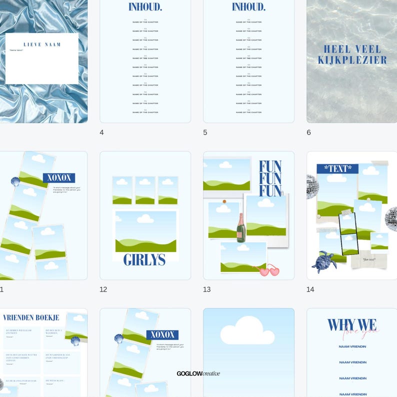 Op de afbeelding: Een digitale scrapbook-sjabloon met een blauw en groen kleurenschema. De sjabloon bevat verschillende afbeeldingen, waaronder wolken, gras en een hart. De tekst "XOXOX" en "FUN FUN FUN" zijn ook in de sjabloon opgenomen.