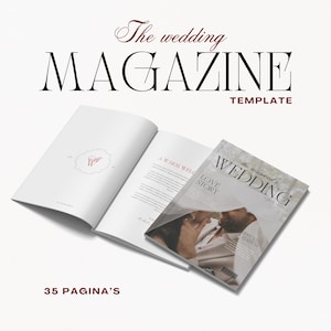 Op de afbeelding: Een sjabloon voor een trouwmagazine met de titel "The wedding MAGAZINE" in zwarte en bordeauxrode tekst. Het tijdschrift is open en toont een spread met tekst en een logo. De cover toont een stel en het woord "WEDDING".