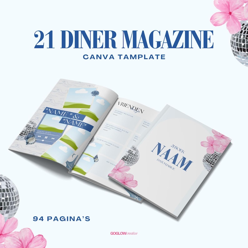 Op de afbeelding: Een mockup van een 94-pagina's dinermagazine sjabloon met een blauwe en witte omslag met de tekst "ZBOEK NAAM DATE MJARIGE" en een discobal afbeelding. Het magazine is open op een pagina met de tekst "VRIENDEN" en een blauwe en witte wolk afbeelding.
