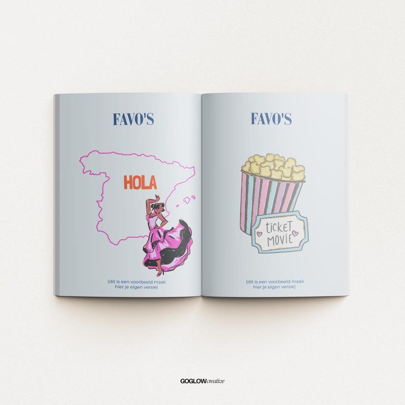 Op de afbeelding: Twee open pagina's van een notitieboek met een roze en blauw ontwerp. De linkerpagina toont een cartoonillustratie van een vrouw in een roze jurk die danst voor een kaart van Spanje met het woord "Hola" erop. De rechterpagina toont een cartoonillustratie van een emmer popcorn met een kaartje waarop "ticket movie" staat.