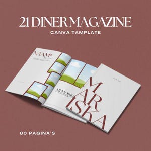 Op de afbeelding: Een open tijdschrift met de tekst "21 Diner Magazine" en "Canva Template" in het wit. De pagina's van het tijdschrift tonen afbeeldingen en tekst, met de woorden "Memories" en "Mariska" zichtbaar. De onderkant van de afbeelding luidt "80 Pagina's".