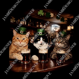 May include: Illustration of three cats at a bar, each wearing a green hat and holding a glass of dark beer. The cats are orange, black and white, and tabby. The bar has shamrock decorations.