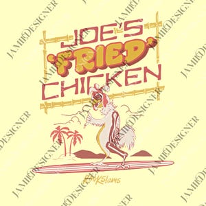 Peut inclure: Graphique jaune clair avec le texte "JOE'S FRIED CHICKEN" en rouge et jaune, et un coq de dessin animé surfant. Des palmiers et le texte "#BookSlams" sont également visibles. Le fond présente un motif répété du texte "JAMIE DESIGNER".