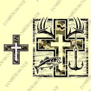 May include: A graphic design featuring a cross with a camouflage pattern, deer antlers, a fishing hook, and a fish. A smaller cross with a white cross is also present. The design is in black, white, and shades of green and brown.