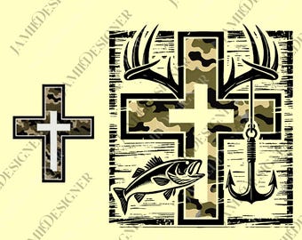 Pesca y caza de fe png, Cruz de camuflaje con anzuelo png, Gráfico digital de astas y lubina, Aire libre del sur, Declaración cristiana png