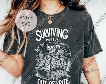 Surviving Purely Out Of Spite png, Halloween png, Funny Goth Celestial Skeleton and Bats png, Bat Gothic png, Celestial png