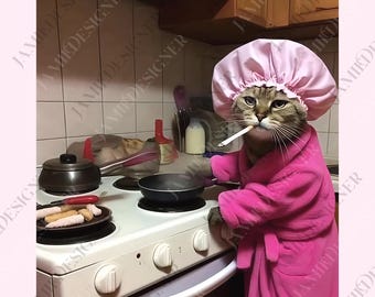 Gato ama de casa divertido (PNG), Gato vintage digital, Chiste de la Generación Z (PNG), Regalo estúpido de Brainroth, Regalo para amantes de los gatos, Gatito divertido (PNG), Gato genial (PNG)