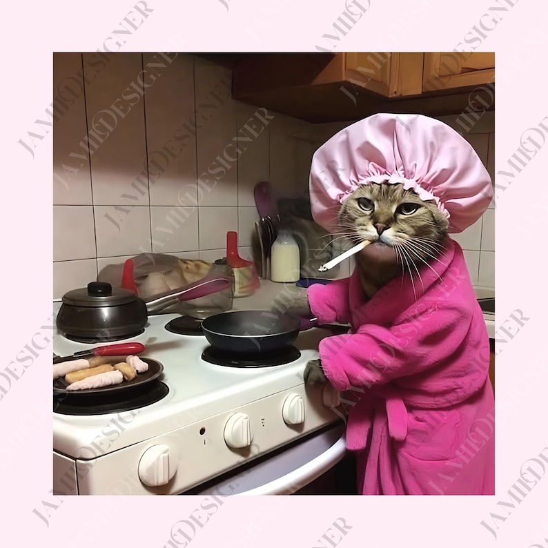 A cat wearing a pink bathrobe and a pink hair cap is standing on a stove, holding a cigarette in its mouth.