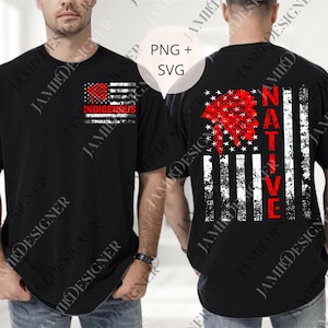 May include: Black t-shirt with a distressed American flag design. The front features the word "INDIGENOUS" in red. The back displays the word "NATIVE" in red, with a Native American headdress graphic.