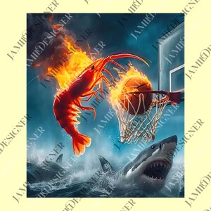 May include: A surreal digital art piece featuring a flaming basketball about to go through a hoop, with a large red shrimp leaping towards it. A shark is in the water below. The background is a dark blue with water splashes.