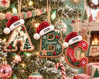 Adorno navideño acrílico personalizado con nombre, adorno para árbol con letra personalizada, regalo para amantes de Papá Noel, acebo y copos de nieve, recuerdo para rellenar calcetines navideños 2026