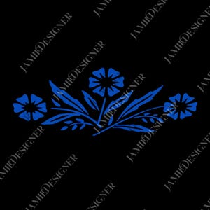 May include: A blue floral design on a black background. The design features three flowers, leaves, and stems. The text "JAMII DESIGNER" is repeated diagonally across the image.